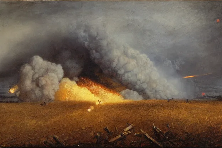 Image similar to american civil war trench battle, huge explosions everywhere, clouds of smoke, in the style of jean - francois millet