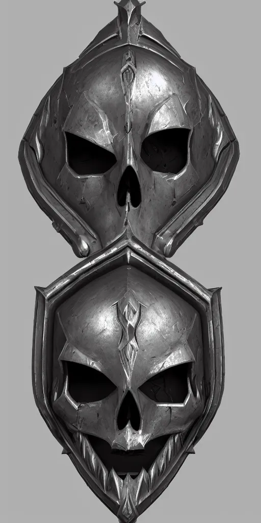 Image similar to a black and silver shield skull crest, ornament, weapon, a 3 d render by dom qwe, trending on polycount, artstation, hard surface modeling, zbrush, symmetry