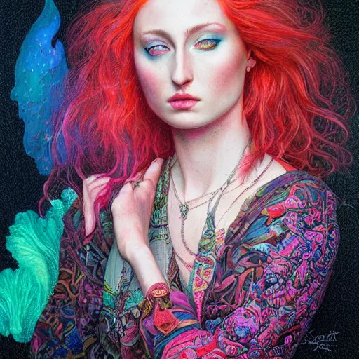 Image similar to portrait of sophie turner, hyper detailed masterpiece, neon floral pattern, jean giraud, digital art painting, darkwave goth aesthetic, psychedelic, artgerm, donato giancola and tom bagshaw