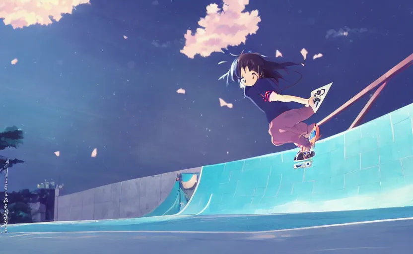 An anime girl skateboarding, doing tricks in the half