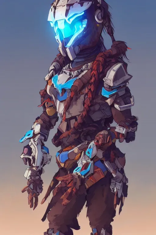 Image similar to combination suit armor aloy horizon forbidden west horizon zero dawn robot ninja mask helmet backpack tribal, fanart behance hd artstation by jesper ejsing, by rhads, makoto shinkai and lois van baarle, ilya kuvshinov, ossdraws