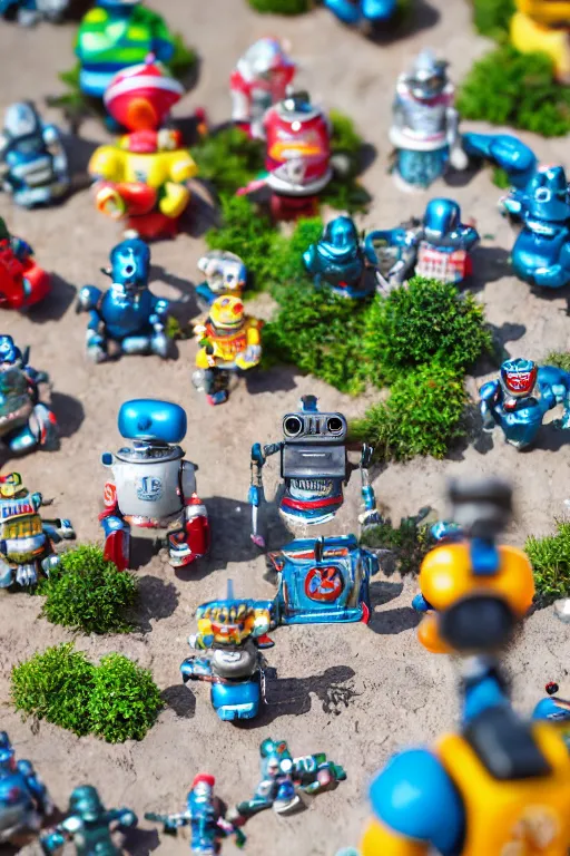 Image similar to high quality presentation photo of a a detailed miniature diorama of retro toy robots invading a detailed model of a 1950s town, photography 4k, f1.8 anamorphic, bokeh, 4k, Canon, Nikon