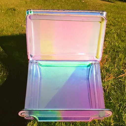 Image similar to a pastel coloured Polaroid photo of a drink caddy made of transparent iridescent perspex stood in a field, beams of light, nostalgic