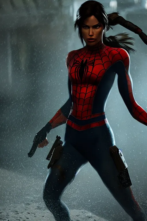 Prompt: cinematic of lara croft as spiderman, dramatic rain, 8 k, moody lighting