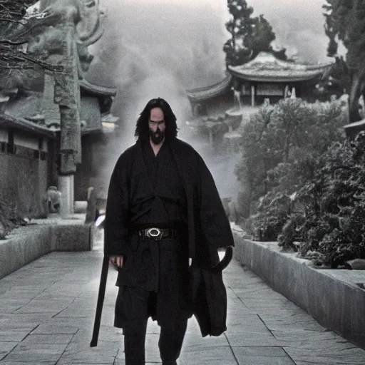 Image similar to cinematic film still of Keanu Reeves starring in a Steven Spielberg film as A Japanese Samurai at a temple, 1999, shallow depth of field, photograph, natural lighting