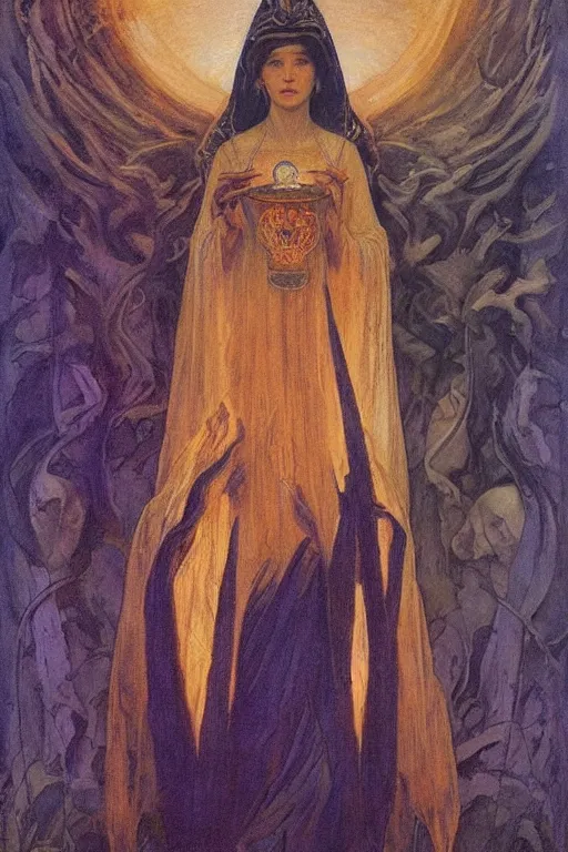 Prompt: queen of the underworld with her lantern by Annie Swynnerton and Nicholas Roerich and jean delville, strong dramatic cinematic lighting , ornate headdress , flowing robes, lost civilizations, smooth, sharp focus, extremely detailed