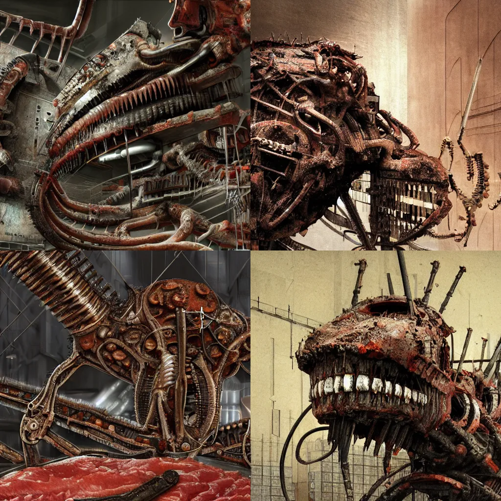 Prompt: a close up of an elongated machine made of teeth and raw meat rust, in a factory, concept art by giger, cgsociety, assemblage, trypophobia, greeble, grotesque, biomechanical tooth pulling tooth pulling extraction, industrial saliva