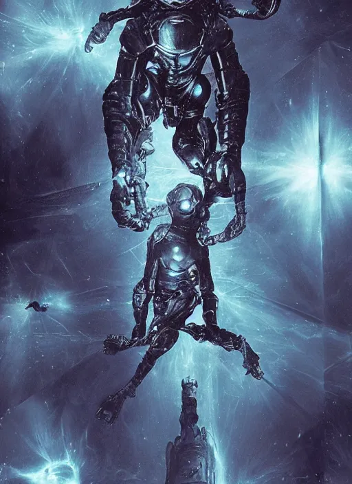 Image similar to astronauts in dark void underwater - complex and hyperdetailed technical suit. reflection and dispersion materials. rays and dispersion of light. volumetric light. f / 3 2. noise film photo. flash photography. ultra realistic, wide angle. poster by wayne barlowe, hajime sorayama aaron horkey, craig mullins