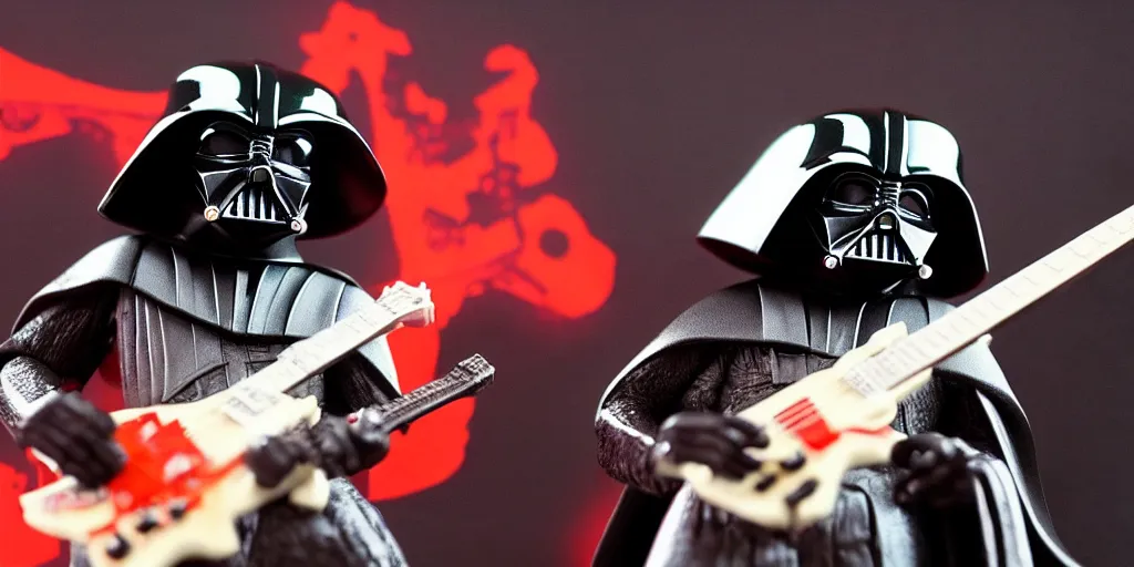 Image similar to claymation Darth Vader playing B.C. Rich guitar