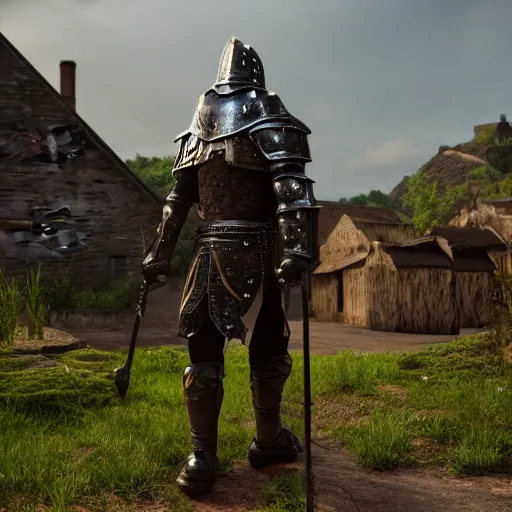 Prompt: a black knight standing in front of a village, full 8 k highly detailed unreal engine 5 render