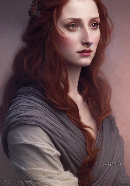 Image similar to sansa gessica chastain, intricate, elegant, highly detailed, digital painting, artstation, concept art, smooth, sharp focus, illustration, art by artgerm and greg rutkowski and alphonse mucha and william - adolphe bouguereau