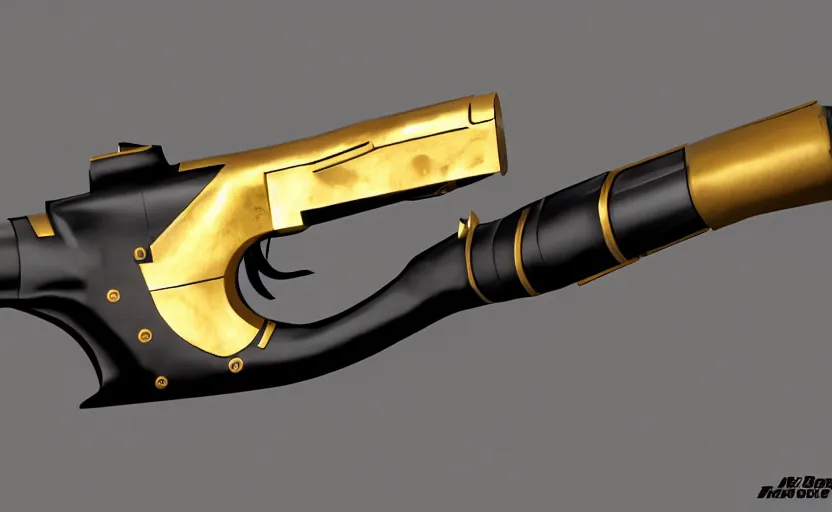 Prompt: a black hand cannon with gold trim and a wooden handle, hard surface, concept art, artstation, 4k, futuristic