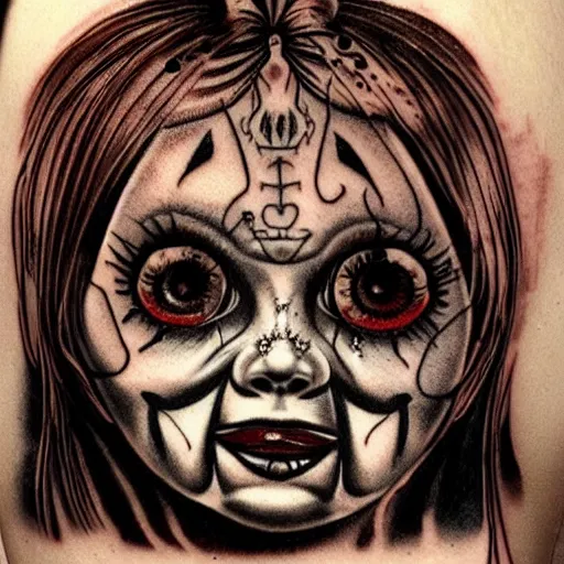 Image similar to tattoo of the annabelle doll, dark, scary, horror, high detail