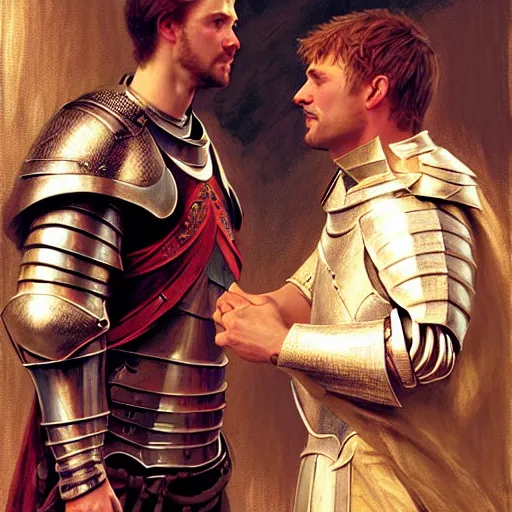 Image similar to attractive arthur pendragon and his favourite attractive male knight, they are in love, camelot, natural lighting, path traced, highly detailed, high quality, digital painting, by gaston bussiere, craig mullins, j. c. leyendecker