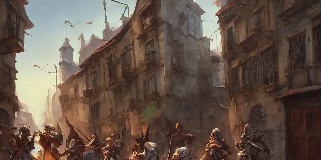 Image similar to an exciting fantasy street battle within a fascinating old city, soldiers fighting, narrow streets, old buildings, by Sylvain Sarrailh, cinematic, simple but effective composition, clean lines, beautiful digital painting, oil painting, detailed, dungeons and dragons, lord of the rings