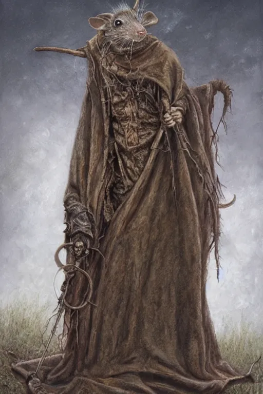 Prompt: a sniveling rat person wearing a decaying brown cloak, painting by ed binkley