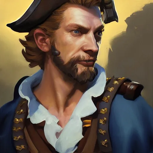 Prompt: greg manchess portrait painting of partially armored pirate captain guybrush threepwood as overwatch character, medium shot, asymmetrical, profile picture, organic painting, sunny day, matte painting, bold shapes, hard edges, street art, trending on artstation, by huang guangjian, gil elvgren, ruan jia, greg rutkowski, gaston bussiere