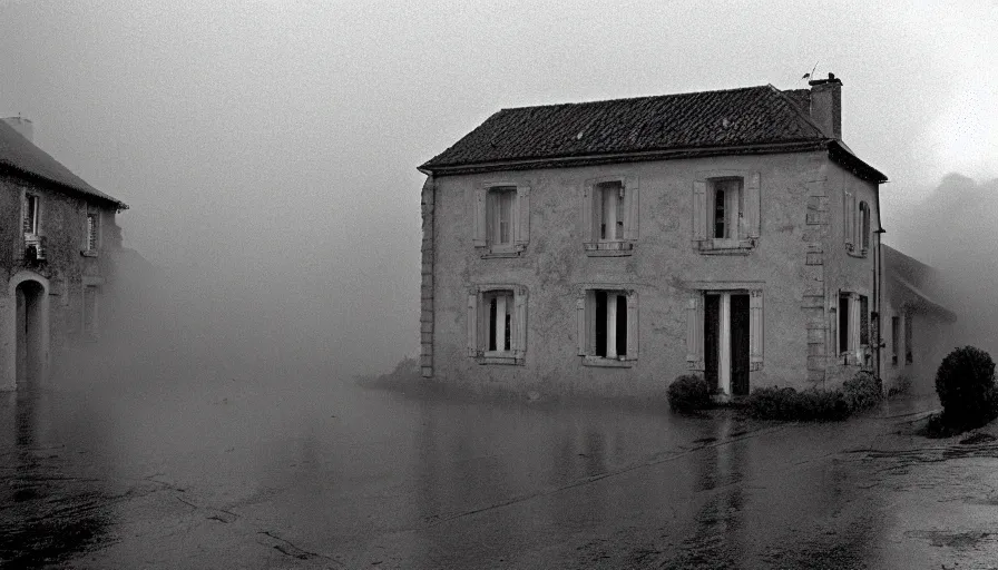 Image similar to 1 9 7 0 s movie still of a heavy burning french style stonehouse in a small southern french village by night rain fog, cinestill 8 0 0 t 3 5 mm, heavy grain, high quality, high detail, dramatic light, anamorphic, flares