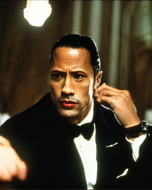 Image similar to film still close up shot of dwayne johnson as vito corleone from the movie the godfather. photographic, photography