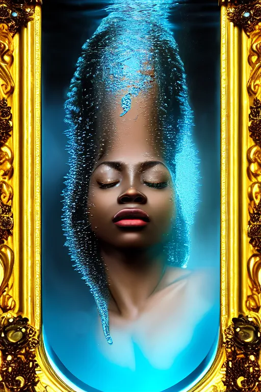 Prompt: hyperrealistic post rococo cinematic very expressive! black oshun goddess, in water up to her shoulders, mirror dripping droplet!, gold flowers, highly detailed face, digital art masterpiece, smooth eric zener cam de leon dramatic pearlescent blue back lighting, low angle uhd 8 k, sharp focus