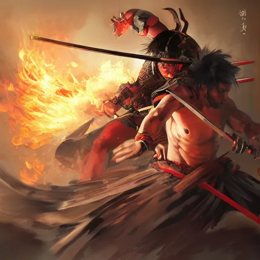 Prompt: ancient samurai battling an obsidian Japanese demon with great flaming eyebrows, by Stanley Artgerm Lau, WLOP, Rossdraws, James Jean, Andrei Riabovitchev, Marc Simonetti, Yoshitaka Amano, ArtStation, CGSociety,