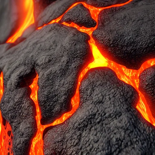 Prompt: close up of the crusty surface of lava, with the lava glowing from underneath, 8k, octane render, ultra realistic, trending on artstation,