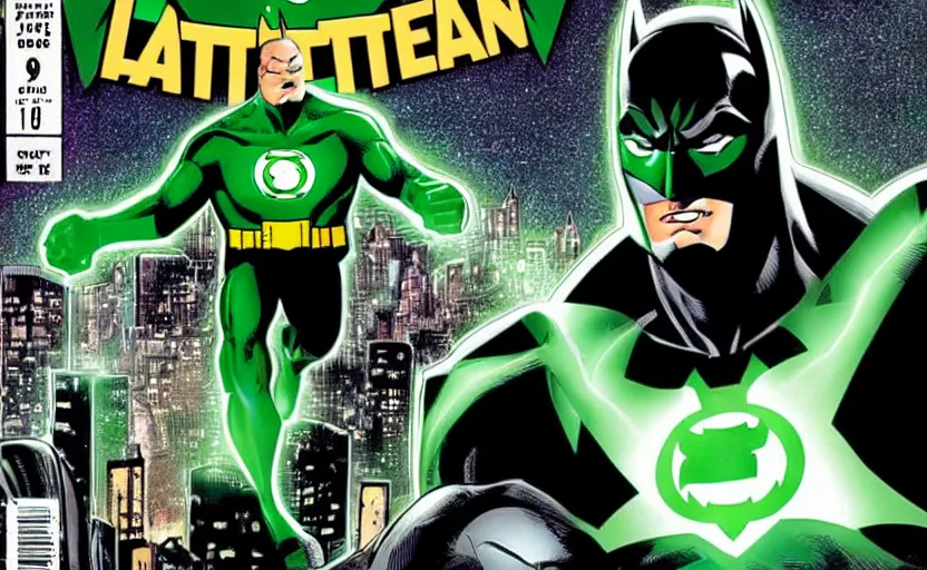 Image similar to a Batman comic cover from 1999 with Green Lantern on the background