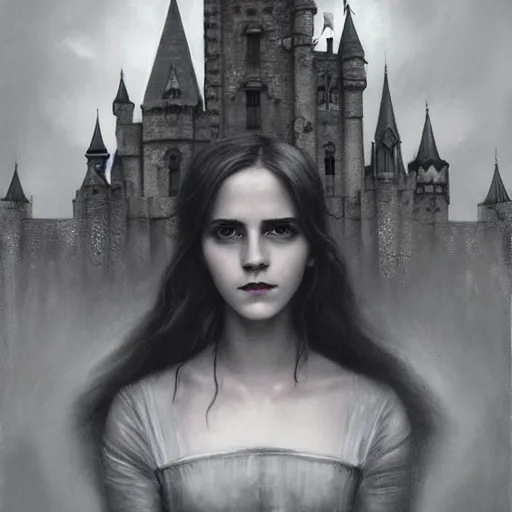 Prompt: By Tom Bagshaw, ultra realist soft painting of a castle court by night, centered fading Emma watson fully dressed, horror, omnious sky, symmetry accurate features, very intricate details, black and white, volumetric light clouds, 8K