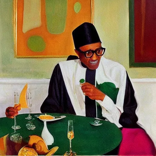 Image similar to president muhammadu buhari eating at a regal buffet facial details beautiful setting elegant event nigerian party minimalist gold ornaments iridescent lighting glamour in the style of edward hooper and henri matisse yinka shonibare oil painting
