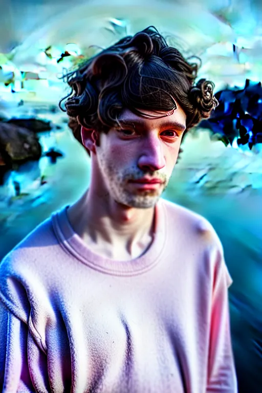 Image similar to high quality pastel coloured film mid angle docu photograph of a beautiful young 2 0 year old male, soft features, short black hair, extremely oversized clothing!!!!! next to icelandic black rock pool environment. atmospheric. three point light. photographic. art directed. ( pastel colours ). volumetric light. clearcoat. waves glitch. 8 k. filmic.