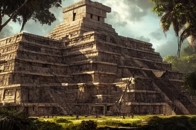 Image similar to Brutalist mayan temple in the jungle, beautiful dynamic lighting, cinematic, wide angle establishing shot, extremely high detail, photo realistic, cinematic lighting, post processed, concept art, artstation, matte painting, style by eddie mendoza, raphael lacoste, alex ross