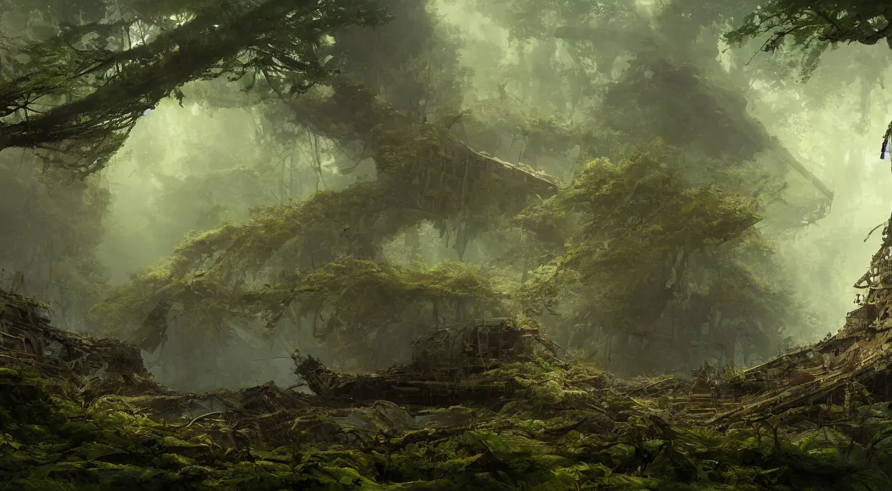 mechs, digital art, wreck, trees, science fiction, moss, jungle