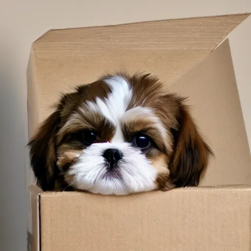 Prompt: 1 0 cute shih tzu puppy in a cardboard box