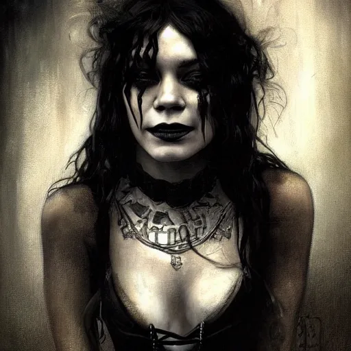 Image similar to beautiful portrait of vanessa hudgens as death from sandman, smiling, by cedric peyravernay, alphonse mucha, by jeremy mann, by lecouffe deharme, goth chic, soft lightning, eyeliner, punk rock, high detailed, 8 k