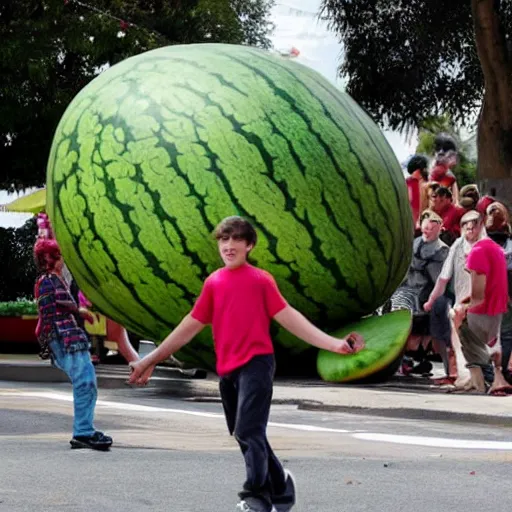 Prompt: The giant watermelon rampaged through the town, leaving a path of destruction in its wake. The townspeople were terrified. They had no idea how to stop the giant fruit. , Hollywood scene