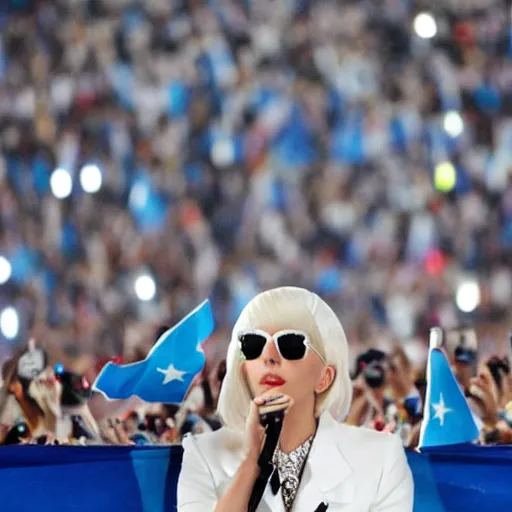 Prompt: Lady Gaga as President, Argentina presidential rally, Argentine flags behind, bokeh, epic photo, detailed face, Argentina