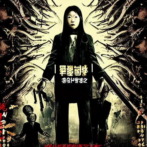 Image similar to ultra - photorealistic, new horror movie poster from takeshi miike, intricate details, sharp focus, perfect baroque like real project, symmetrical, perfect face and anatomy ultra - details.