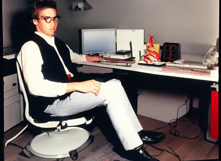 Prompt: color photo. handsome photomodel sitting by his computer in the 8 0's