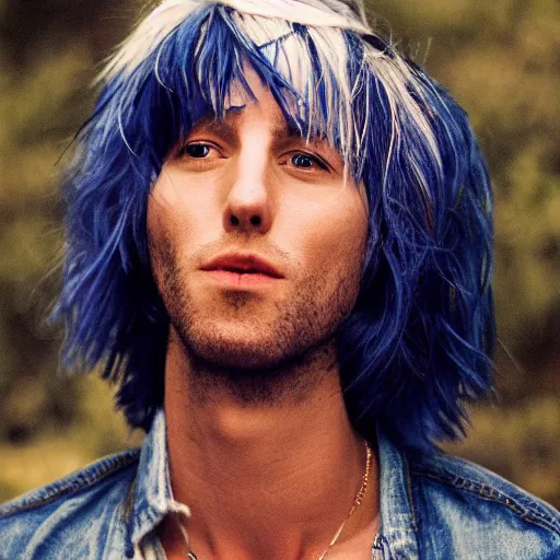 Image similar to a skinny white male singer with medium-length messy blue hair smoking a cigarette