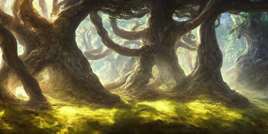 Prompt: a fantasy town within the giant branches of yggdrasil, illustration, bright sunlight, sun glints, sunrays, digital art, hyperrealistic, oil painting, fantasy, 8 k, trending on artstation, detailed