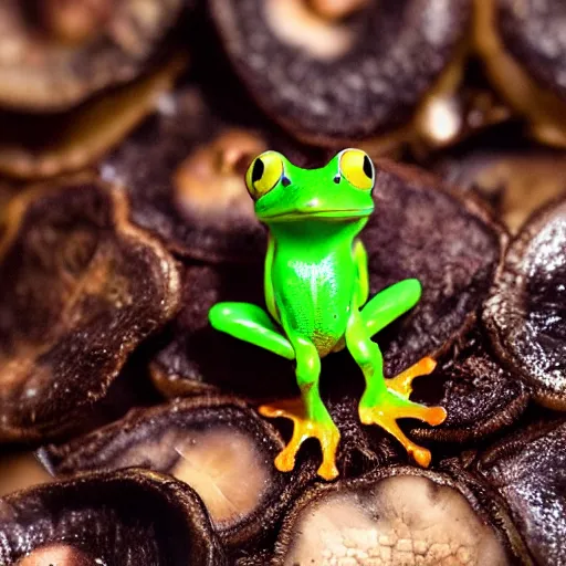 Prompt: a tiny frog sitting on a mushroom, professional closeup photo