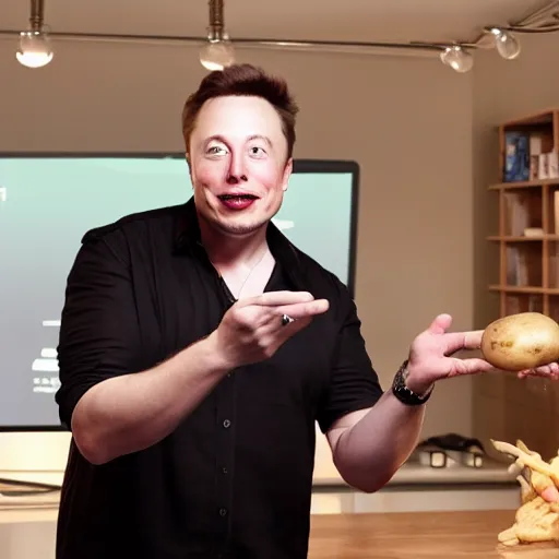 Prompt: a surprised elon musk as a youtube influencer reacting to a potato, highly detailed, photography, 4 k, cinematic lighting