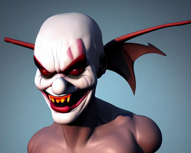 Image similar to 3d sculpt of an evil clown face with huge bat wings, skull, artstation, digital illustration