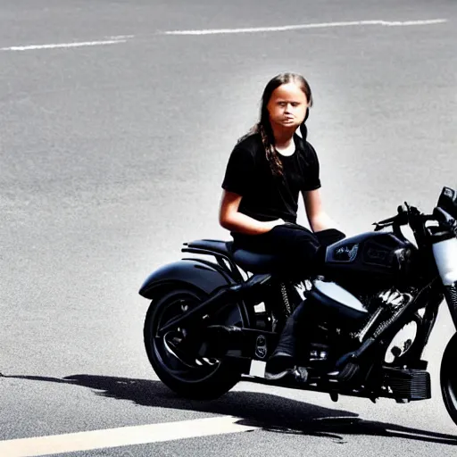 Image similar to greta thunberg wearing a black helmet on a black harleys davidson motorcycle, smoking, dust, from front, portrait, character frame, tatoos, highly detailed, blured background