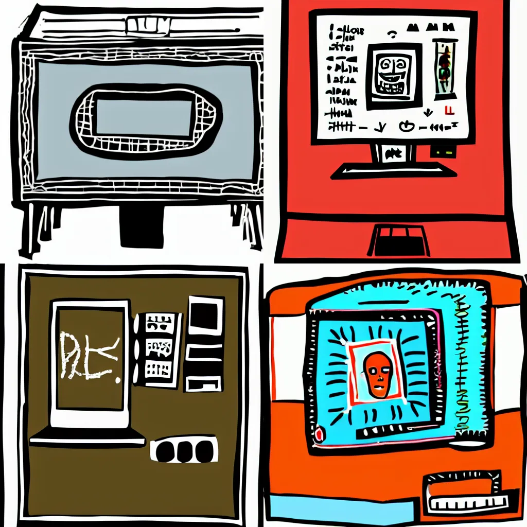 Prompt: a black pen and ink style old vintage boxy crt computer monitor turned diagonally, side view, clipart icon, jean michel basquiat, minimal