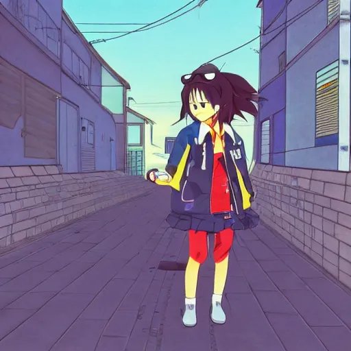 Image similar to anime girl with upturned collars, collar over mouth, blue jacket. cel - shading, 2 0 0 1 anime, flcl, jet set radio future, golden hour, japanese town, concentrated buildings, japanese neighborhood, electrical wires, cel - shaded, strong shadows, vivid hues, y 2 k aesthetic