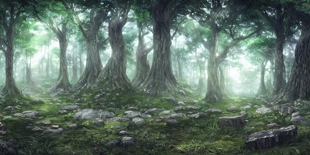 Prompt: a beautiful spiritual forest panorama concept art, with rune stones on the ground, by masanori warugai and kentaro miura