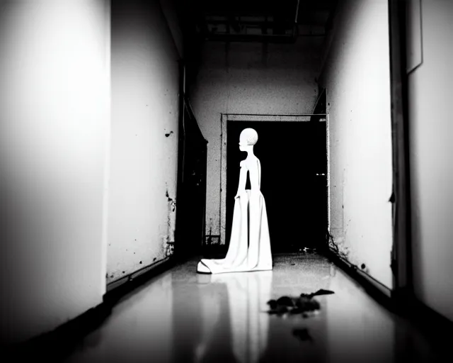 Image similar to creepy woman wearing white dress standing in the backrooms, the eerie forlorn atmosphere of a place that's usually bustling with people but is now abandoned and quiet, buzzing fluorescent lights above the ceiling, unsettling images, liminal space, dark,
