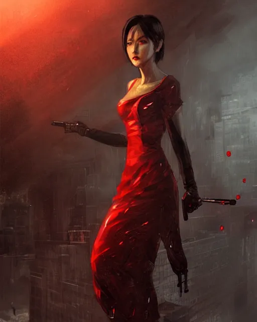 Prompt: battle hardened, sly, cunning, rugged ada wong, face centered portrait, red dinner dress, confident, ruined cityscape, zombies, fog, rain, volumetric lighting, soft light particles floating near her, illustration, perfectly shaded, soft painting, art by krenz cushart and wenjun lin