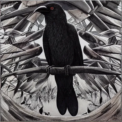 Image similar to a simple crow painting by Android Jones and M. C. Escher collaboration